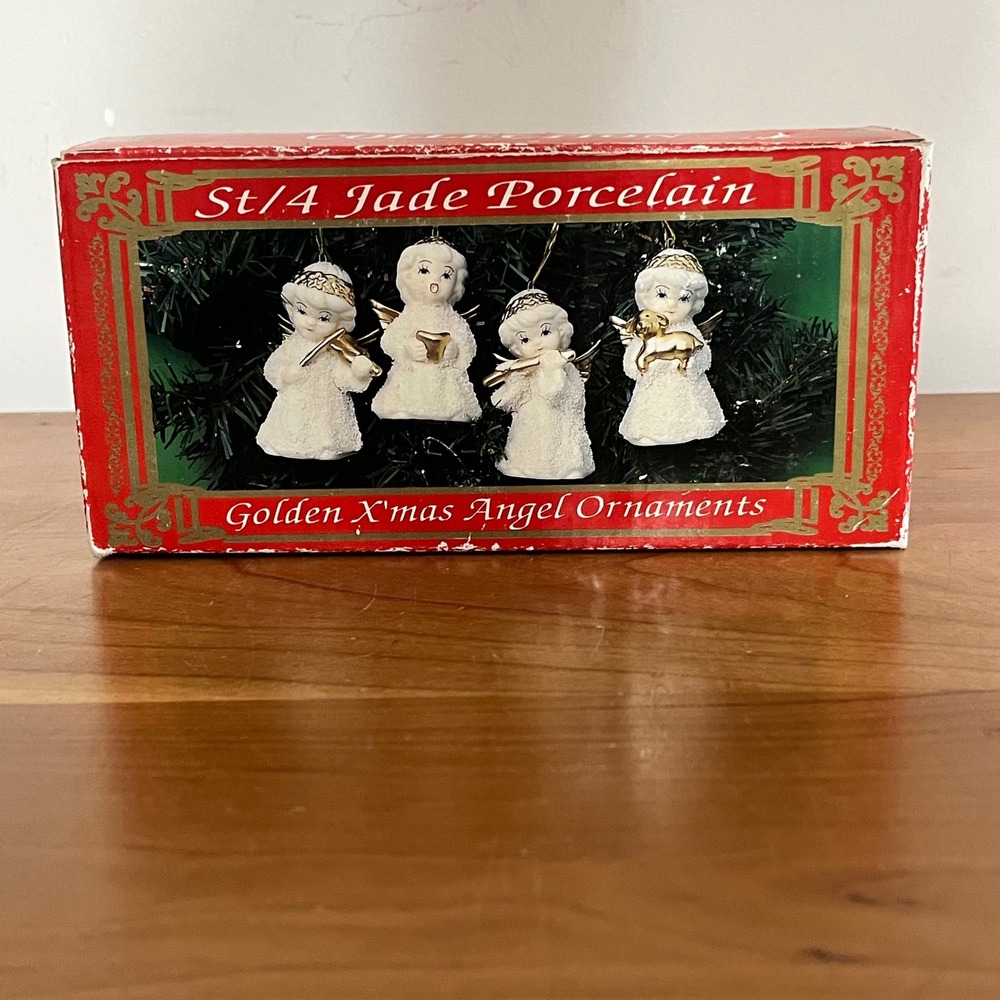 Lincolnshire Collection Jade Porcelain Golden Angel Christmas Ornaments Set of 4